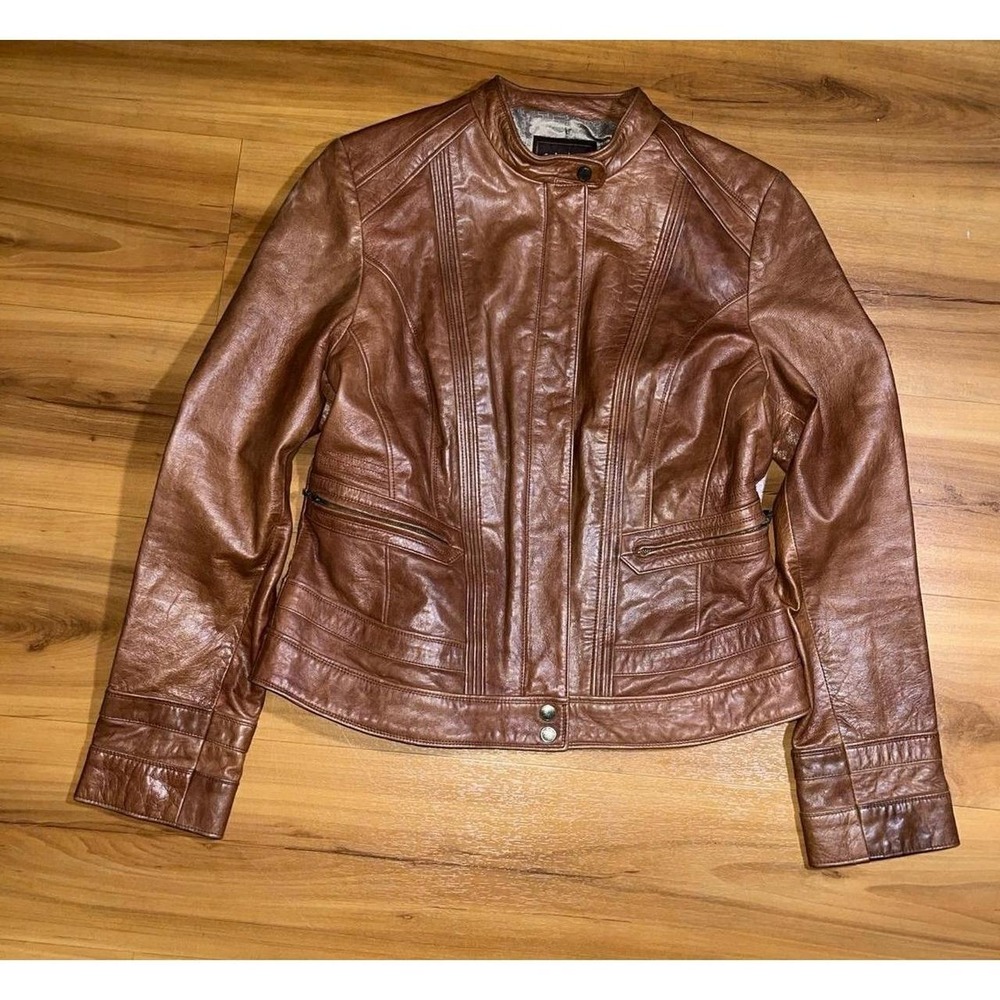 Cole Haan Genuine Lambskin Leather Brown  Motorcycle Full Zip Jacket